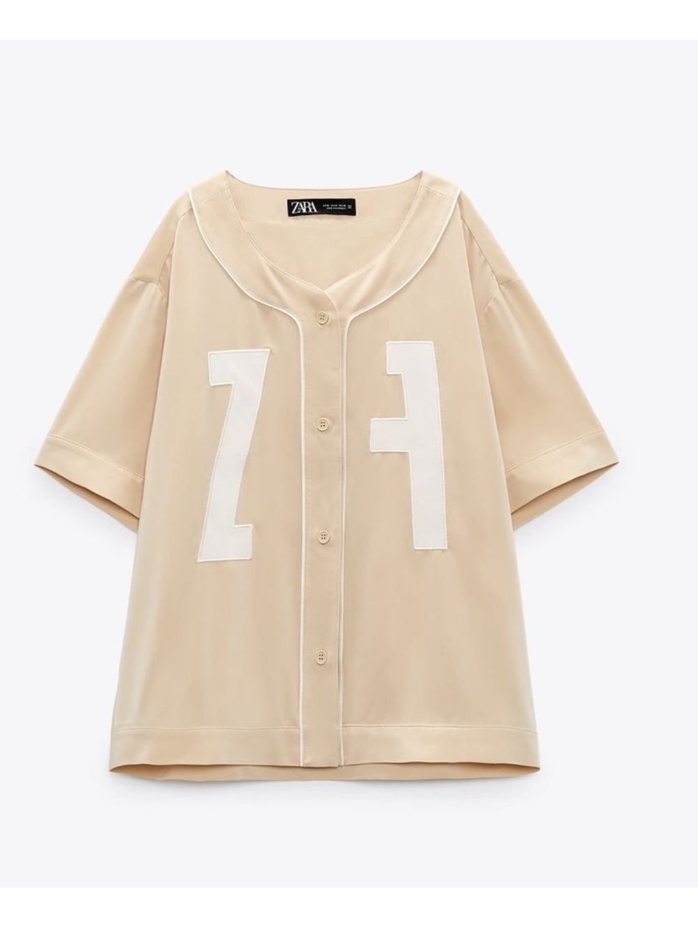 Zara Beige Short-Sleeve Button Front Top with White Number Patches
